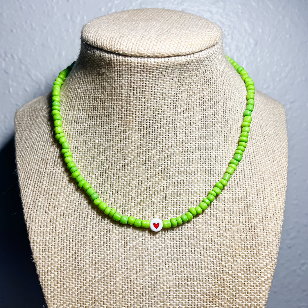 RTS Green & Red Heart Seed Bead Necklace