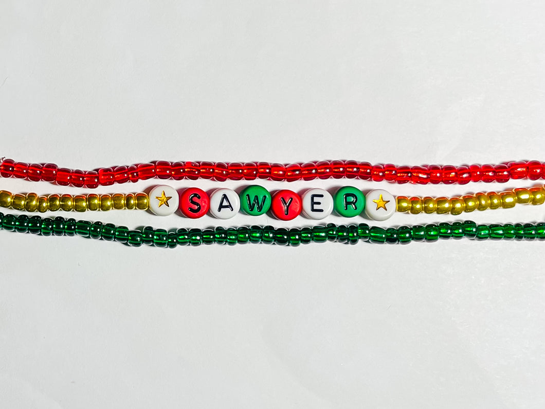 MTO Holiday Seed Bead Name Bracelet Stack