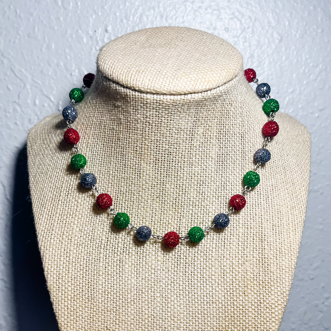 RTS Red & Green Sparkle Beaded Necklace on Silver