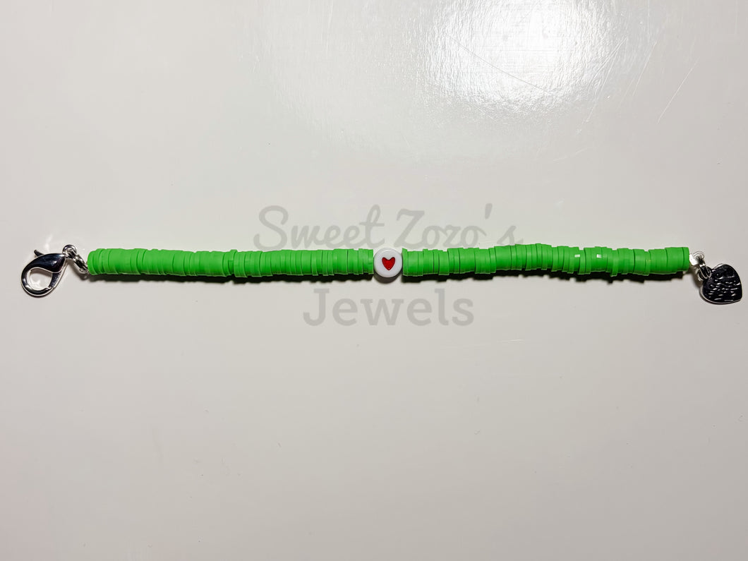 RTS Green Heishi Bead with Red Heart Bracelet